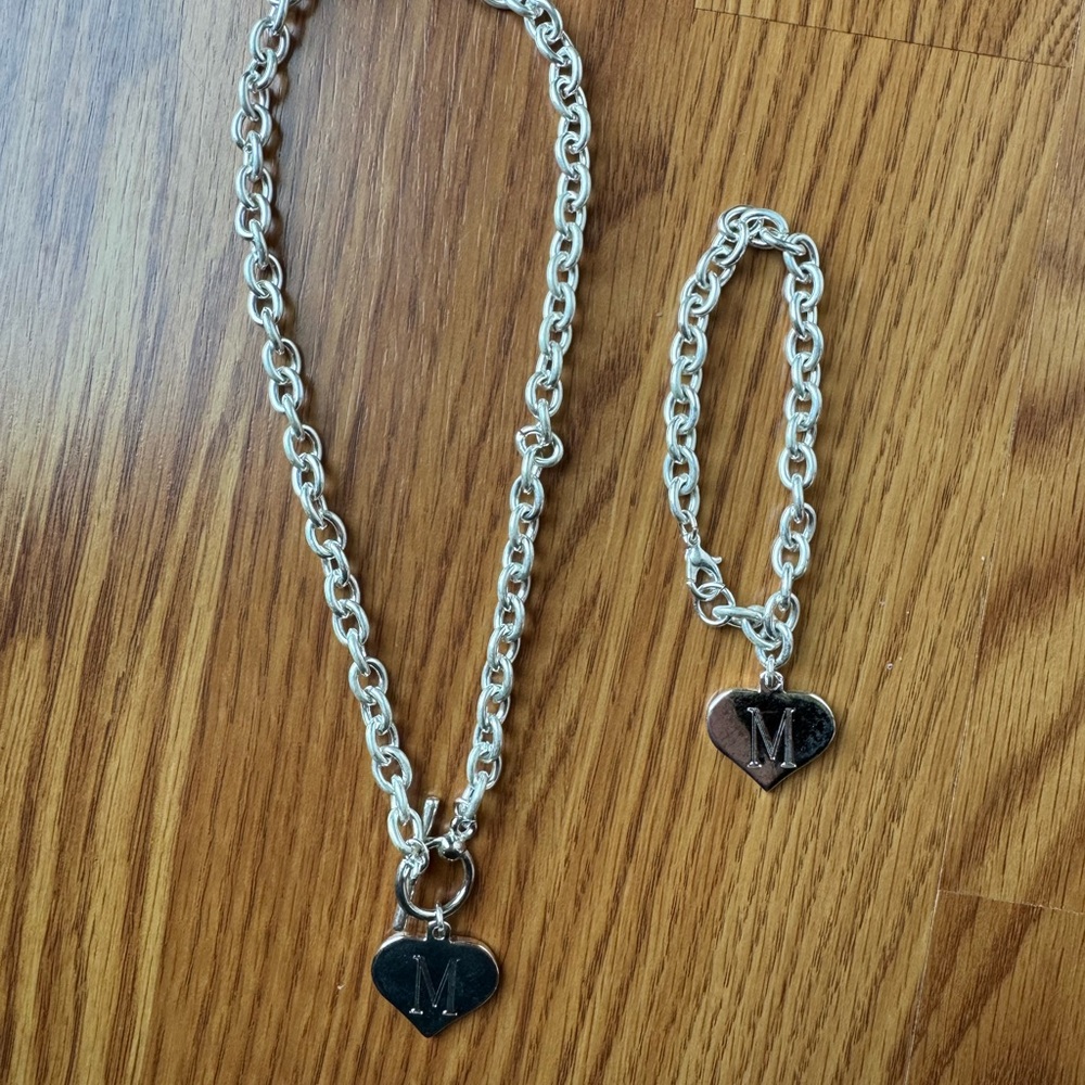 90s Silver “M” Heart Charm Choker Necklace and Bracelet Set